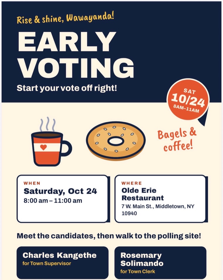 Early voting breakfast flyer with bagels and coffee, Saturday October 24, 8 to 11 am, Olde Erie Restaurant, Middletown