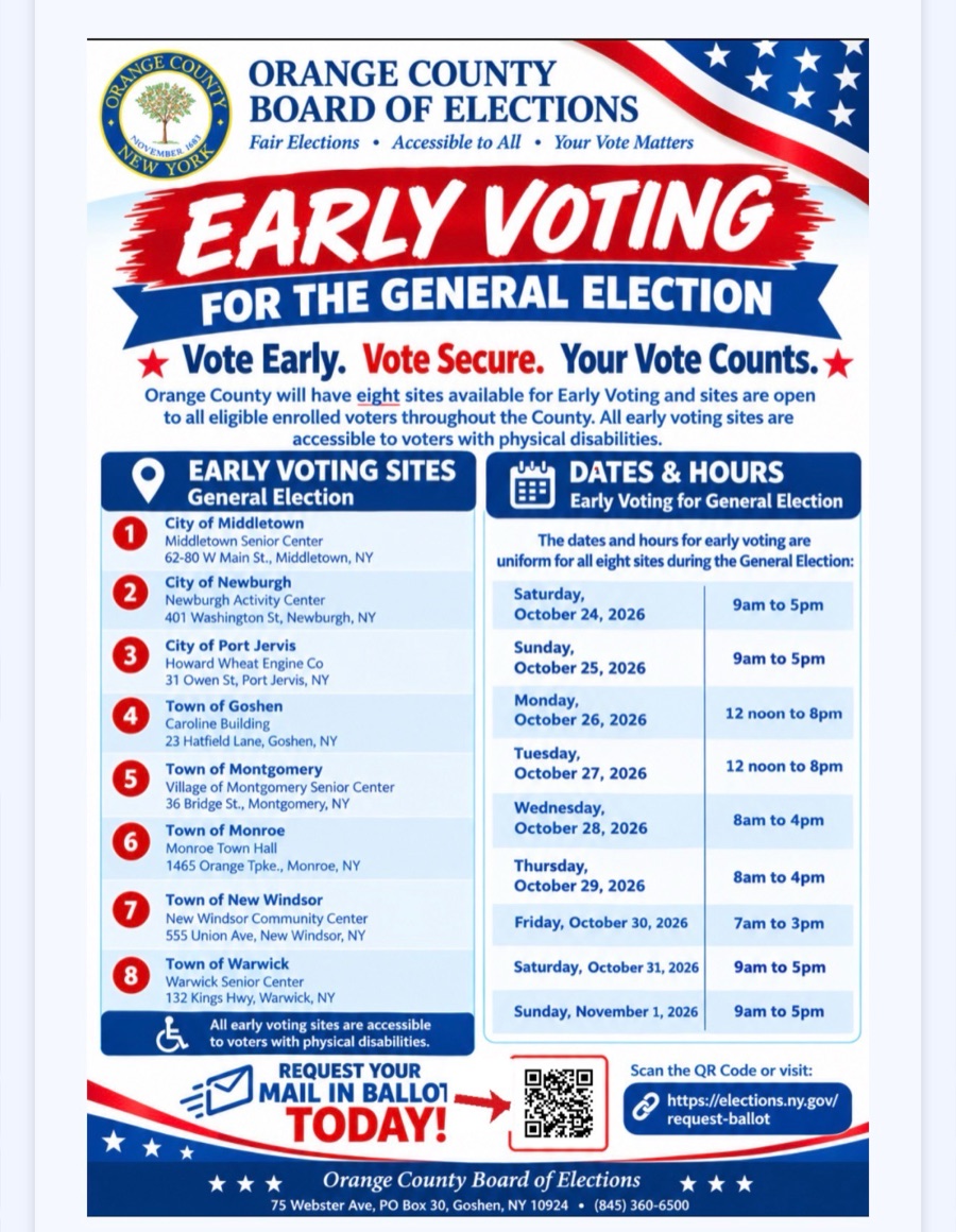 Orange County Board of Elections early voting flyer listing the eight early voting sites and the dates and hours from October 24 to November 1, 2026