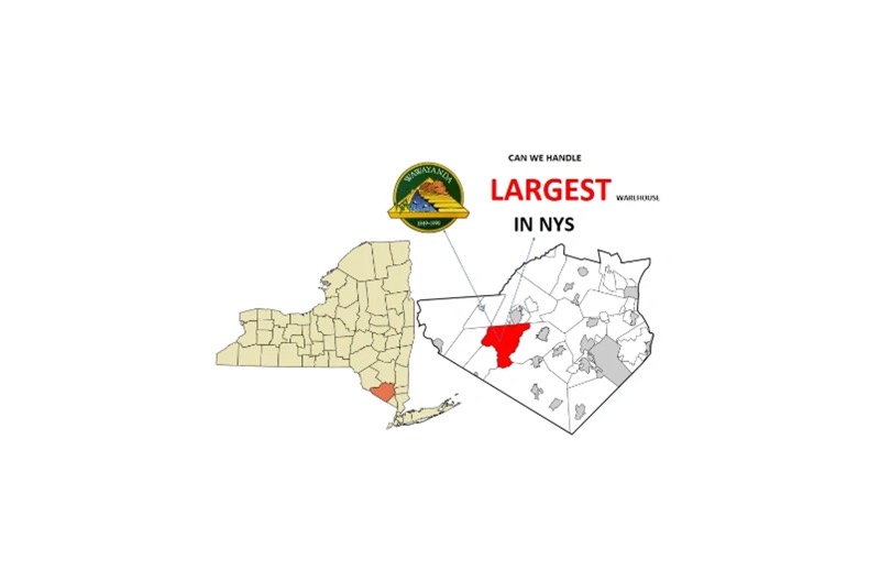 Map of New York State and Orange County highlighting the Town of Wawayanda, captioned Can we handle the largest warehouse in NYS